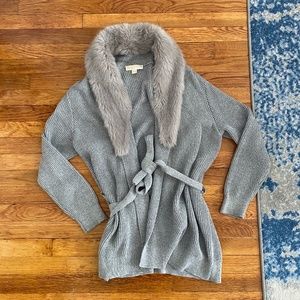 Michael Kors Faux Fur Collar Lurex Tie Waist Sweater
